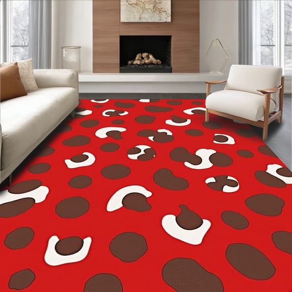 ODIKA 6'x9' Machine Washable Non-Slip Area Rug, Cowhide Inspired Print with Authentic High Traffic Rug with Pad, Red, 664900