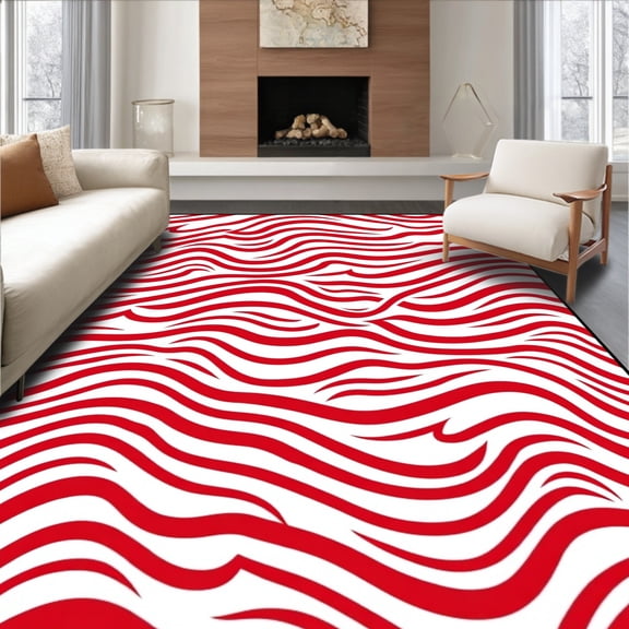 ODIKA 6'x9' Machine Washable Non-Slip Area Rug, Crimson Bold Wavy Lines High Traffic Rug, Red, 676332