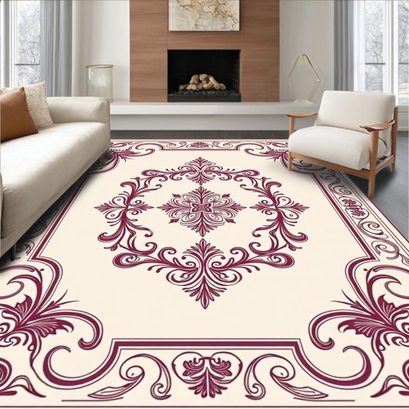 ODIKA 6'x9' Machine Washable Non-Slip Area Rug, Damask Flourish with Ornamental Victorian Scrollwork High Traffic Rug, Ivory, 555264