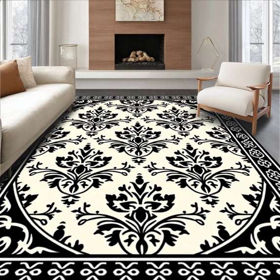 ODIKA 6'x9' Machine Washable Non-Slip Area Rug, Damask Heirloom Artisan Luxe Grandeur High Traffic Rug, Black, 665069