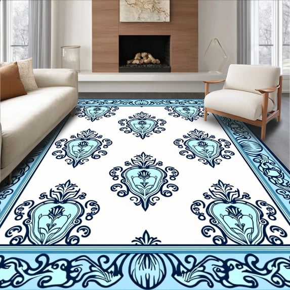 ODIKA 6'x9' Machine Washable Non-Slip Area Rug, Damask Tapestry Style with Symmetrical Motifs High Traffic Rug with Pad, Blue, 450079