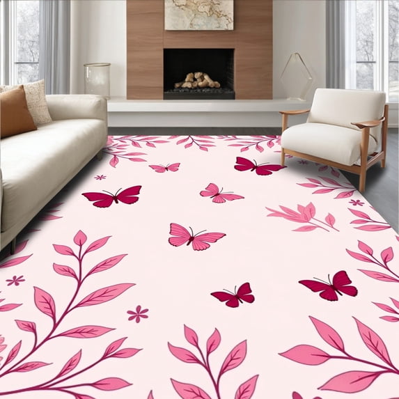 ODIKA 6'x9' Machine Washable Non-Slip Area Rug, Delicate Garden Motif with Cascading Floral Vines High Traffic Rug with Pad, Pink, 730926