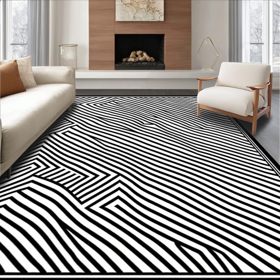 ODIKA 6'x9' Machine Washable Non-Slip Area Rug, Design with Alternating Tile Motifs High Traffic Rug, Black, 513371