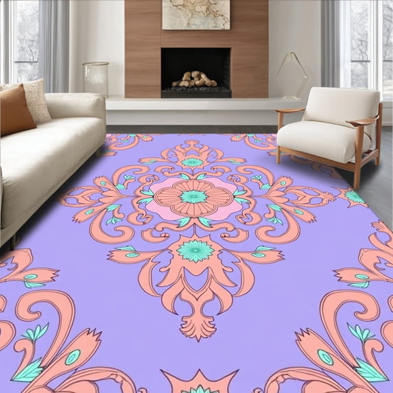 ODIKA 6'x9' Machine Washable Non-Slip Area Rug, Distressed Damask Heritage Artistic High Traffic Rug, Purple, 577120