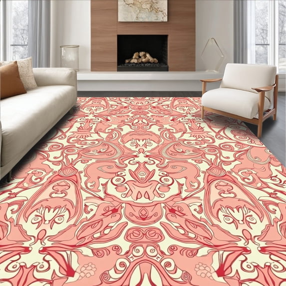 ODIKA 6'x9' Machine Washable Non-Slip Area Rug, Distressed Paisley Scroll with Flowing Botanical High Traffic Rug with Pad, Pink, 541963