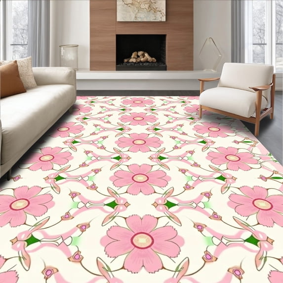 ODIKA 6'x9' Machine Washable Non-Slip Area Rug, Dreamy Floral Lattice Elegant High Traffic Rug, Pink, 560482