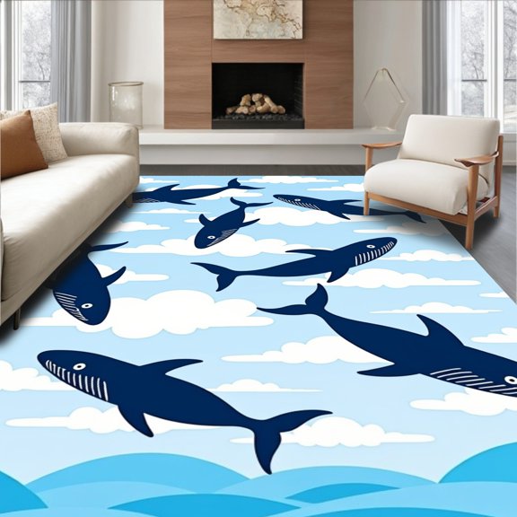 ODIKA 6x9 Machine Washable Non-Slip Area Rug, Dreamy Nautical Whales Dancing Among Fluffy Cumulus Wonderland High Traffic Rug, Blue, 712865
