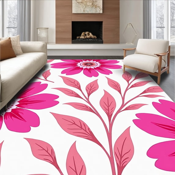 ODIKA 6'x9' Machine Washable Non-Slip Area Rug, Dreamy Watercolor Botanical Garden Abstract Contemporary Artistic High Traffic Rug, Pink, 591350