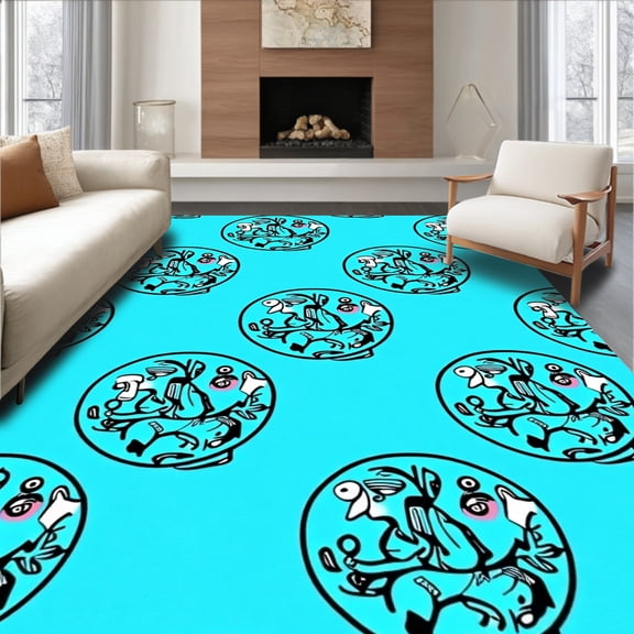 ODIKA 6'x9' Machine Washable Non-Slip Area Rug, Dynamic ABC Adventure Map with Storytelling Letter Characters High Traffic Rug, Blue, 692731