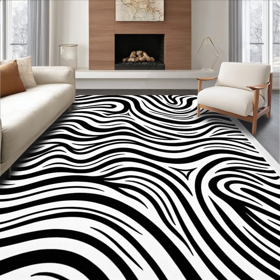 ODIKA 6'x9' Machine Washable Non-Slip Area Rug, Dynamic Wave Stripe with Curved Undulating Lines in Two Tones High Traffic Rug with Pad, Black, 558010