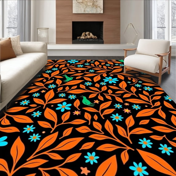 ODIKA 6'x9' Machine Washable Non-Slip Area Rug, Eclectic Boho with Interlocking Foliage and Playful Feathered Creatures High Traffic Rug, Black, 598472