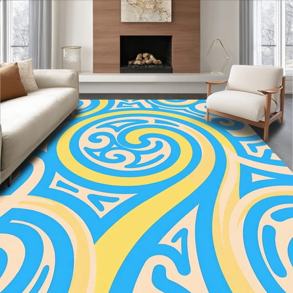 ODIKA 6'x9' Machine Washable Non-Slip Area Rug, Educational Letter Swirl with Spiraled Alphabet High Traffic Rug with Pad, Blue, 695859