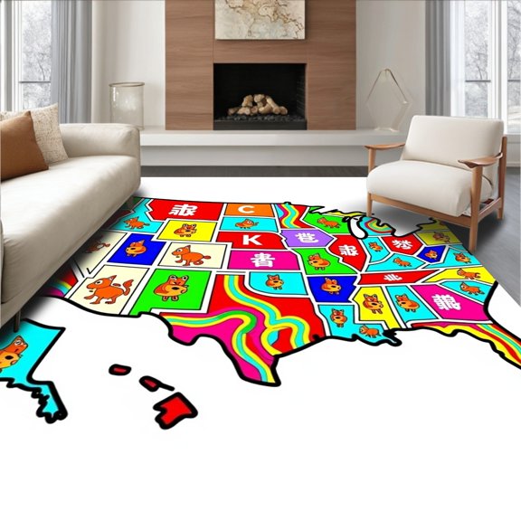 ODIKA 6x9 Machine Washable Non-Slip Area Rug, Educational States Map With Wildlife Adventure Alphabet Road High Traffic Rug, Red, 696861