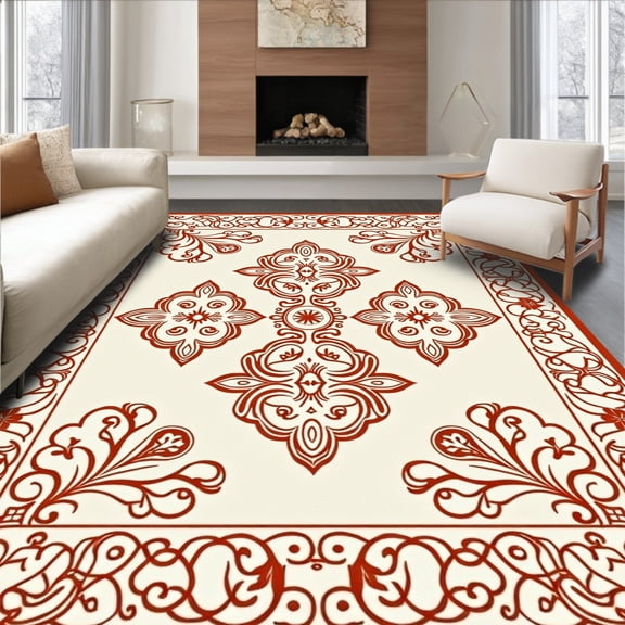 ODIKA 6'x9' Machine Washable Non-Slip Area Rug, Elegant Botanical Vine Scroll Interlocking Medallion High Traffic Rug, Red, 661193