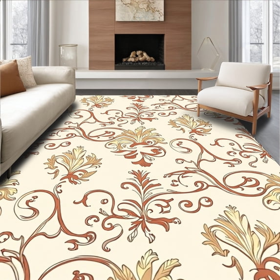 ODIKA 6'x9' Machine Washable Non-Slip Area Rug, Elegant Damask Motif with Flowing Scrolls and Refined Ornamental Details High Traffic Rug with Pad, Beige, 466285