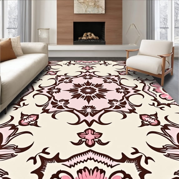 ODIKA 6'x9' Machine Washable Non-Slip Area Rug, Elegant Floral Vintage Medallion Distressed Faded Decorative High Traffic Rug, Ivory, 590939