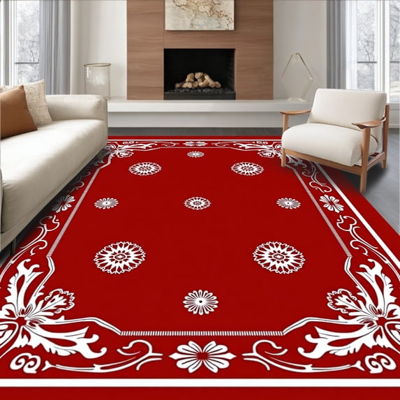 ODIKA 6'x9' Machine Washable Non-Slip Area Rug, Elegant Frosty Crystal Stand Cover Seasonal Floor Guard High Traffic Rug with Pad, Red, 632284