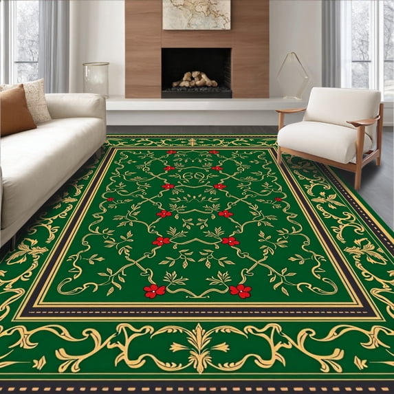 ODIKA 6'x9' Machine Washable Non-Slip Area Rug, Elegant Holiday Design with Interlocking Holly and Berries High Traffic Rug with Pad, Green, 632193