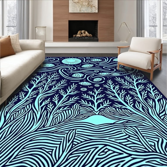 ODIKA 6'x9' Machine Washable Non-Slip Area Rug, Elegant Marine Sanctuary Underwater Bathroom Accessory Kit High Traffic Rug with Pad, Blue, 706126