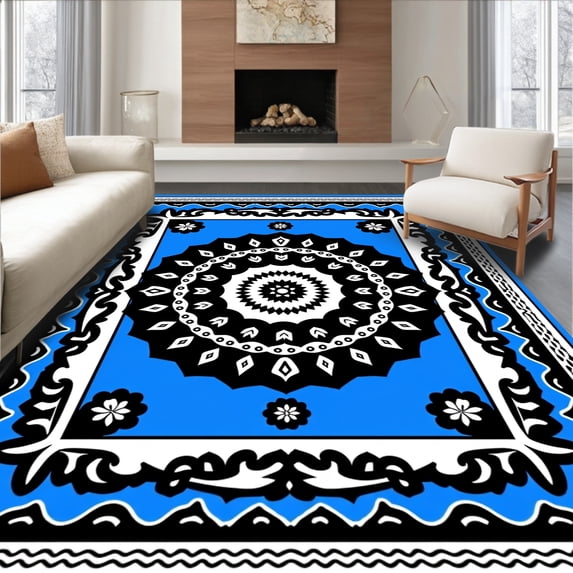 ODIKA 6'x9' Machine Washable Non-Slip Area Rug, Elegant Medallion Tapestry Decorative Contemporary Artistic High Traffic Rug with Pad, Blue, 545649