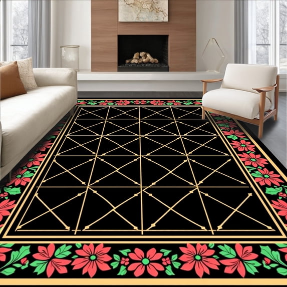 ODIKA 6'x9' Machine Washable Non-Slip Area Rug, Elegant Noel Grid Floorcovering Duo Festive Protective Ensemble High Traffic Rug, Black, 627570