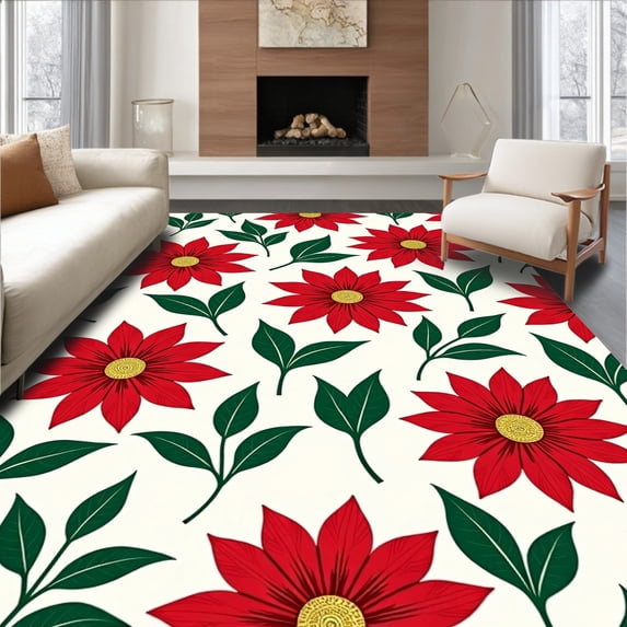 ODIKA 6'x9' Machine Washable Non-Slip Area Rug, Elegant Poinsettia Blossom Seasonal Accent For Entryway High Traffic Rug, Red, 614799