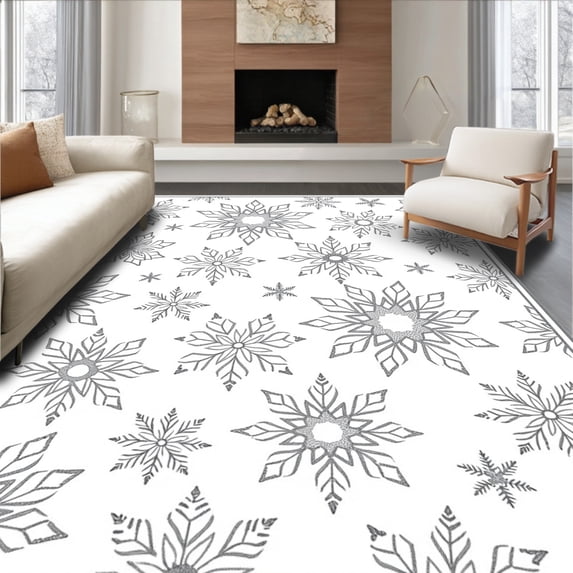 ODIKA 6x9 Machine Washable Non-Slip Area Rug, Elegant Sequin Snowflake Holiday Festive Floor Protection High Traffic Rug, White, 625347