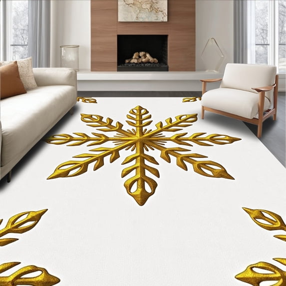 ODIKA 6'x9' Machine Washable Non-Slip Area Rug, Elegant Snowflake Medallion Tree Collar with Sparkling Sequin Embellishments High Traffic Rug with Pad, Gold, 625171