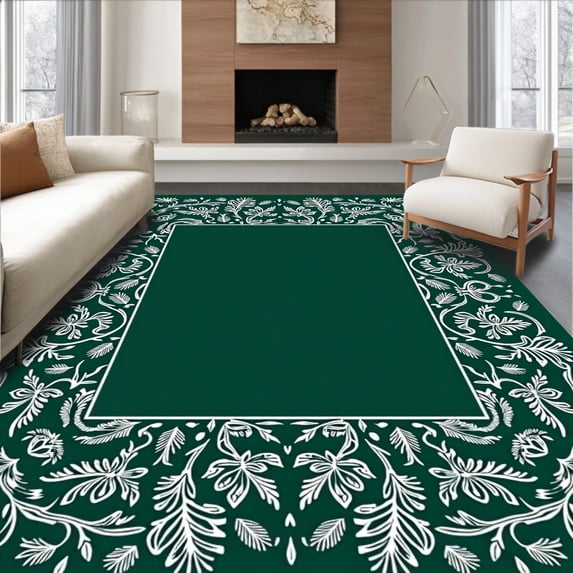 ODIKA 6'x9' Machine Washable Non-Slip Area Rug, Elegant Snowflake and Fir Branch Interlocking High Traffic Rug, Green, 509135