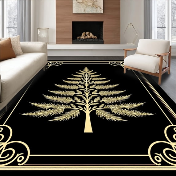 ODIKA 6'x9' Machine Washable Non-Slip Area Rug, Elegant Spruce Adornment Heartwarming Hospitality Symbol High Traffic Rug, Black, 628793