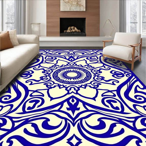 ODIKA 6x9 Machine Washable Non-Slip Area Rug, Elegant Swirl Waterfall Cascade Abstract Interlocking Medallion High Traffic Rug, Beige, 538379