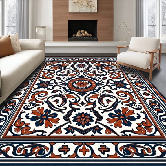 ODIKA 6'x9' Machine Washable Non-Slip Area Rug, Elegant Traditional With Intricate Interlocking Floral High Traffic Rug with Pad, Ivory, 370695