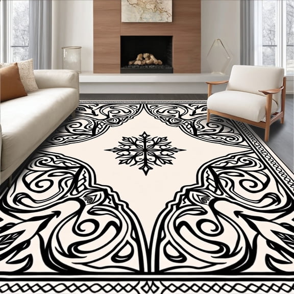 ODIKA 6'x9' Machine Washable Non-Slip Area Rug, Elegant Trellis Palace Inspired Botanical Swirl High Traffic Rug, Black, 665210
