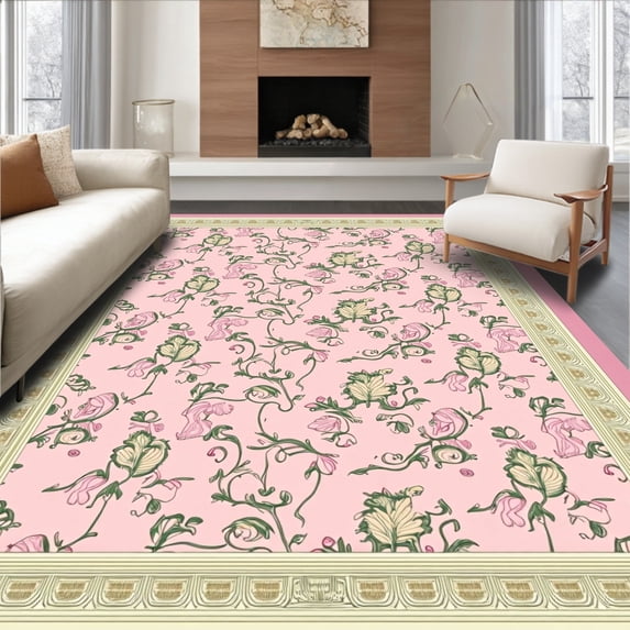 ODIKA 6'x9' Machine Washable Non-Slip Area Rug, Elegant Vine Hearts with Ornate Lace and Filigree Details High Traffic Rug with Pad, Pink, 741079