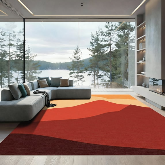 ODIKA 6'x9' Machine Washable Non-Slip Area Rug, Emberglow Sunset Mountain High Traffic Rug with Pad, Orange, 908825