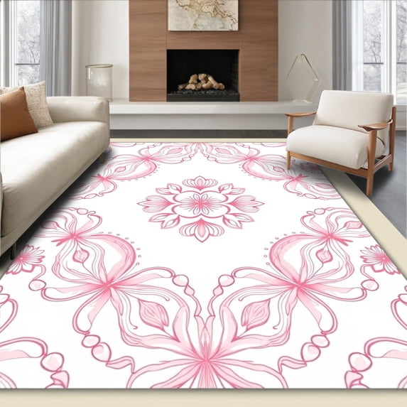 ODIKA 6'x9' Machine Washable Non-Slip Area Rug, Enchanted Blossom Medallion Motif with Petal Swirl Accents High Traffic Rug, Pink, 568149