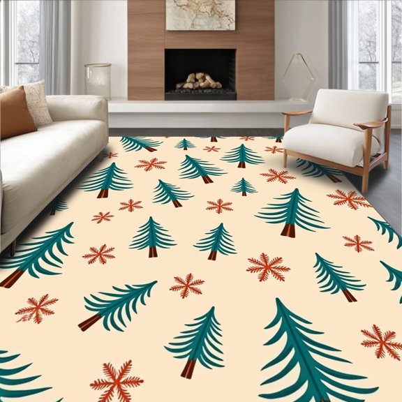 ODIKA 6x9 Machine Washable Non-Slip Area Rug, Enchanted Conifer Arrangement Slip Resistant Magical Display High Traffic Rug, Ivory, 627465