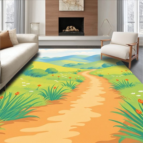 ODIKA 6x9 Machine Washable Non-Slip Area Rug, Enchanted Countryside Path Winding Through Vibrant Meadow Landscape High Traffic Rug, Green, 518809