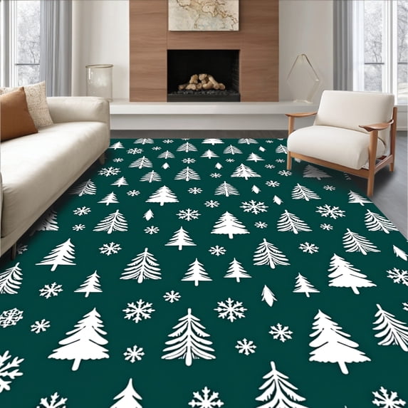 ODIKA 6'x9' Machine Washable Non-Slip Area Rug, Enchanted Evergreen Forest Half Moon Decorative Hearth High Traffic Rug, Green, 509123
