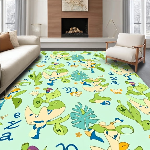 ODIKA 6'x9' Machine Washable Non-Slip Area Rug, Enchanted Forest Hop with Hidden Letters and Storybook Animal Motifs High Traffic Rug with Pad, Light Blue, 686067