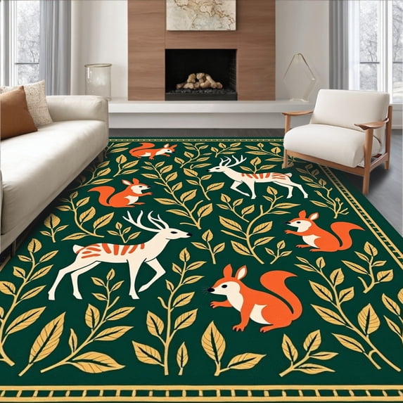 ODIKA 6'x9' Machine Washable Non-Slip Area Rug, Enchanted Forest Scene Featuring Whimsical Wildlife and Leafy Branches High Traffic Rug with Pad, Green, 686112