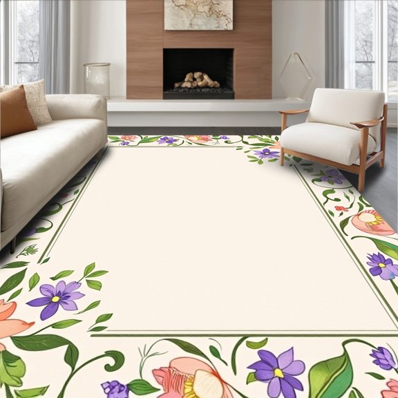 ODIKA 6x9 Machine Washable Non-Slip Area Rug, Enchanted Garden Botanical Scroll Watercolor Artistic High Traffic Rug, Beige, 516044