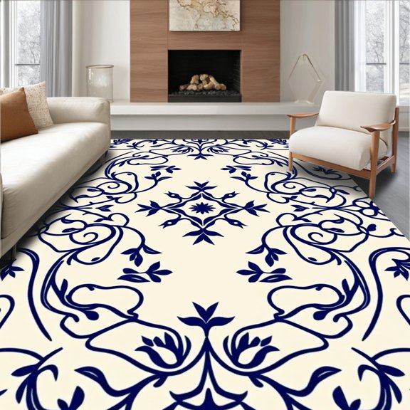 ODIKA 6x9 Machine Washable Non-Slip Area Rug, Enchanted Garden Floral Botanical Scroll Vine Impression High Traffic Rug, Blue, 442970