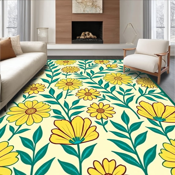 ODIKA 6'x9' Machine Washable Non-Slip Area Rug, Enchanted Garden Lattice Blossom High Traffic Rug with Pad, Yellow, 419519