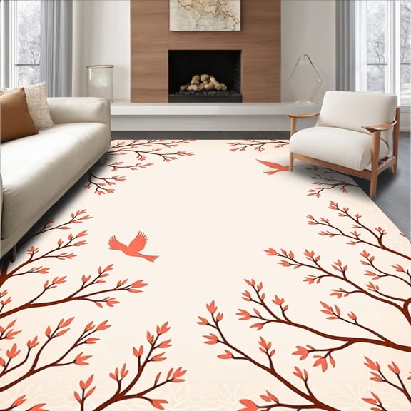 ODIKA 6'x9' Machine Washable Non-Slip Area Rug, Enchanted Garden Songbirds Dancing Through Blooming Branches Design High Traffic Rug, Brown, 545483
