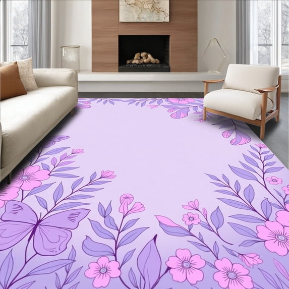 ODIKA 6'x9' Machine Washable Non-Slip Area Rug, Enchanted Garden Tree Skirt with Springtime Blossom Motifs High Traffic Rug, Pink, 631855