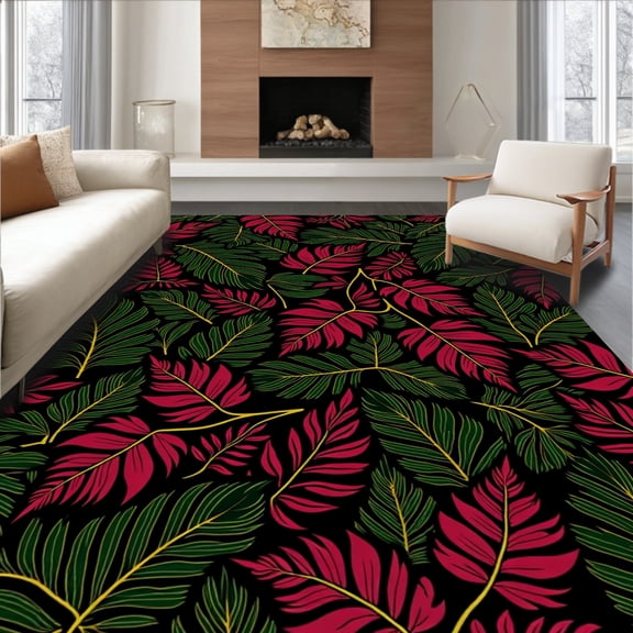 ODIKA 6'x9' Machine Washable Non-Slip Area Rug, Enchanted Jungle Philodendron Arboreal Symphony Oasis High Traffic Rug, Red, 576561