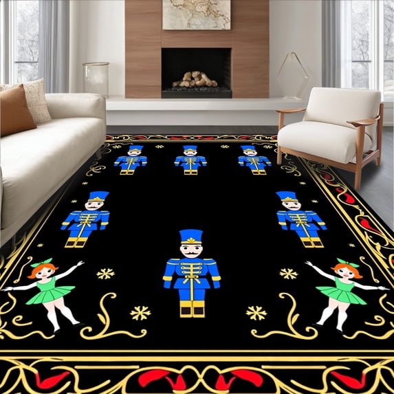 ODIKA 6'x9' Machine Washable Non-Slip Area Rug, Enchanted Nutcracker Ballet Protective Backing High Traffic Rug, Black, 624604