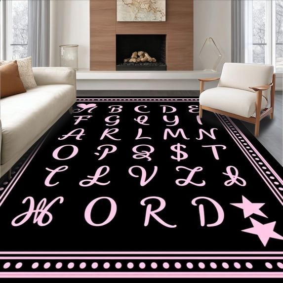 ODIKA 6'x9' Machine Washable Non-Slip Area Rug, Enchanted Showcasing Scripted Alphabet with Dotted Borders High Traffic Rug with Pad, Black, 692267