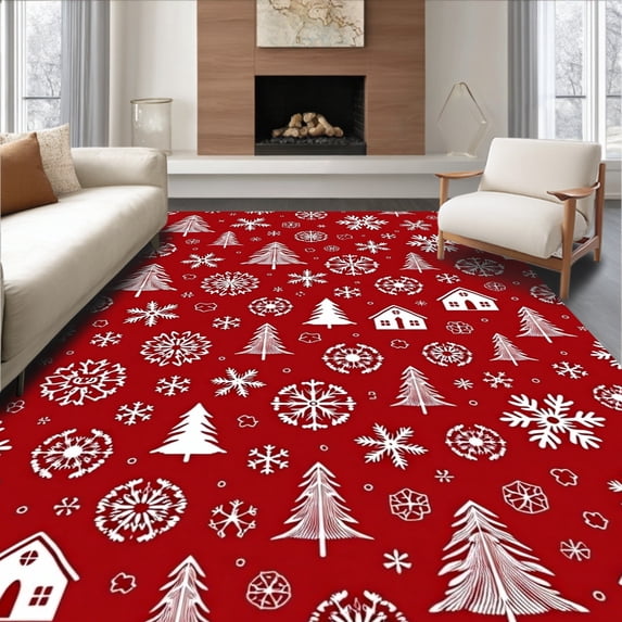 ODIKA 6'x9' Machine Washable Non-Slip Area Rug, Enchanted Snowfall Wonderland Decorative Pathway Accent High Traffic Rug with Pad, Red, 505531